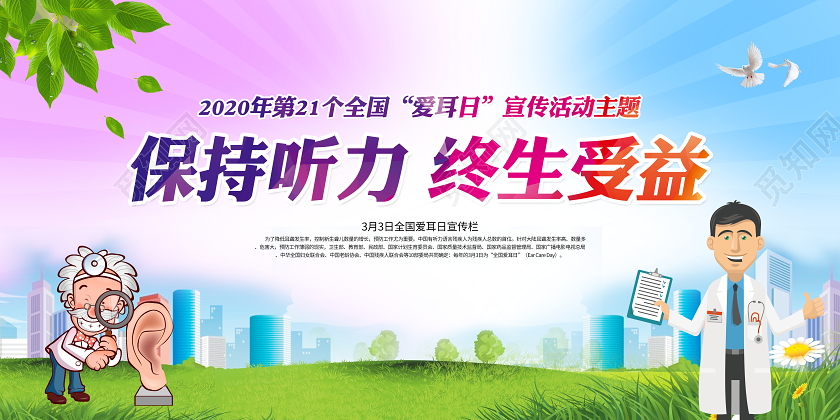 蓝色2020年第21个全国爱耳日保持听力终生受益宣传栏展板