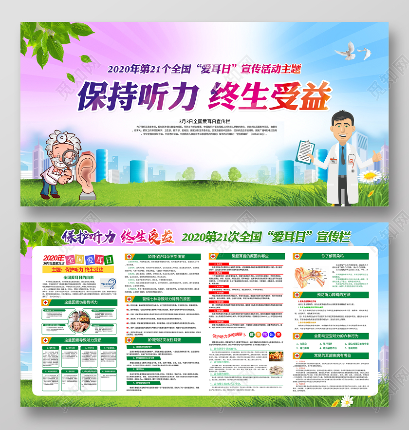 蓝色2020年第21个全国爱耳日保持听力终生受益宣传栏展板