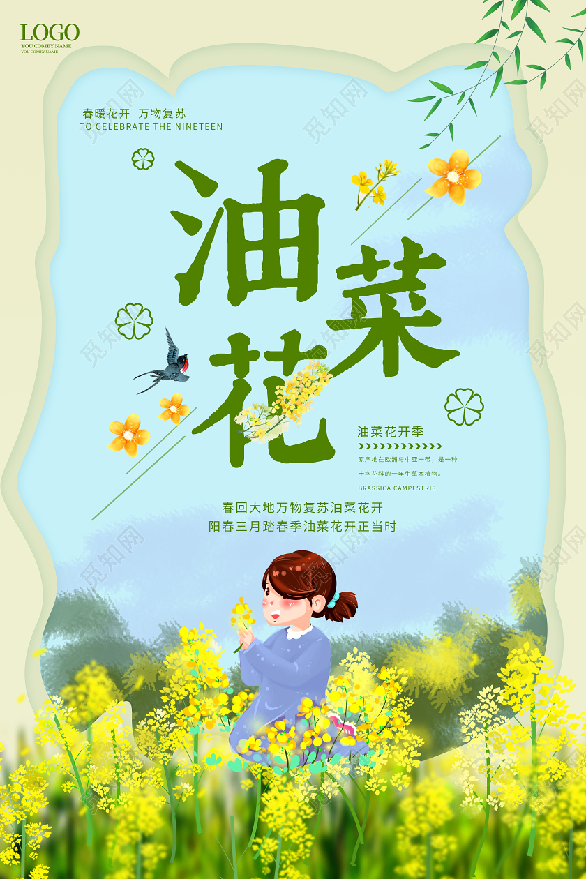 蓝色创意卡通剪纸风格油菜花海报春天油菜花