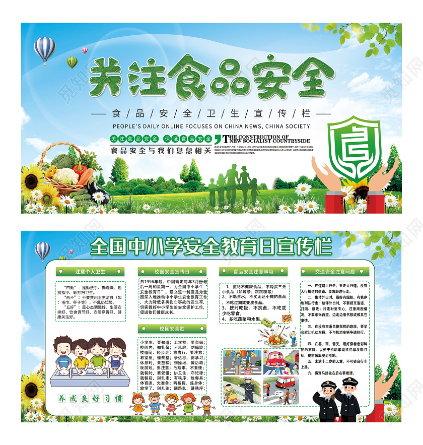 蓝色简约关注食品安全中小学安全教育日宣传栏展板