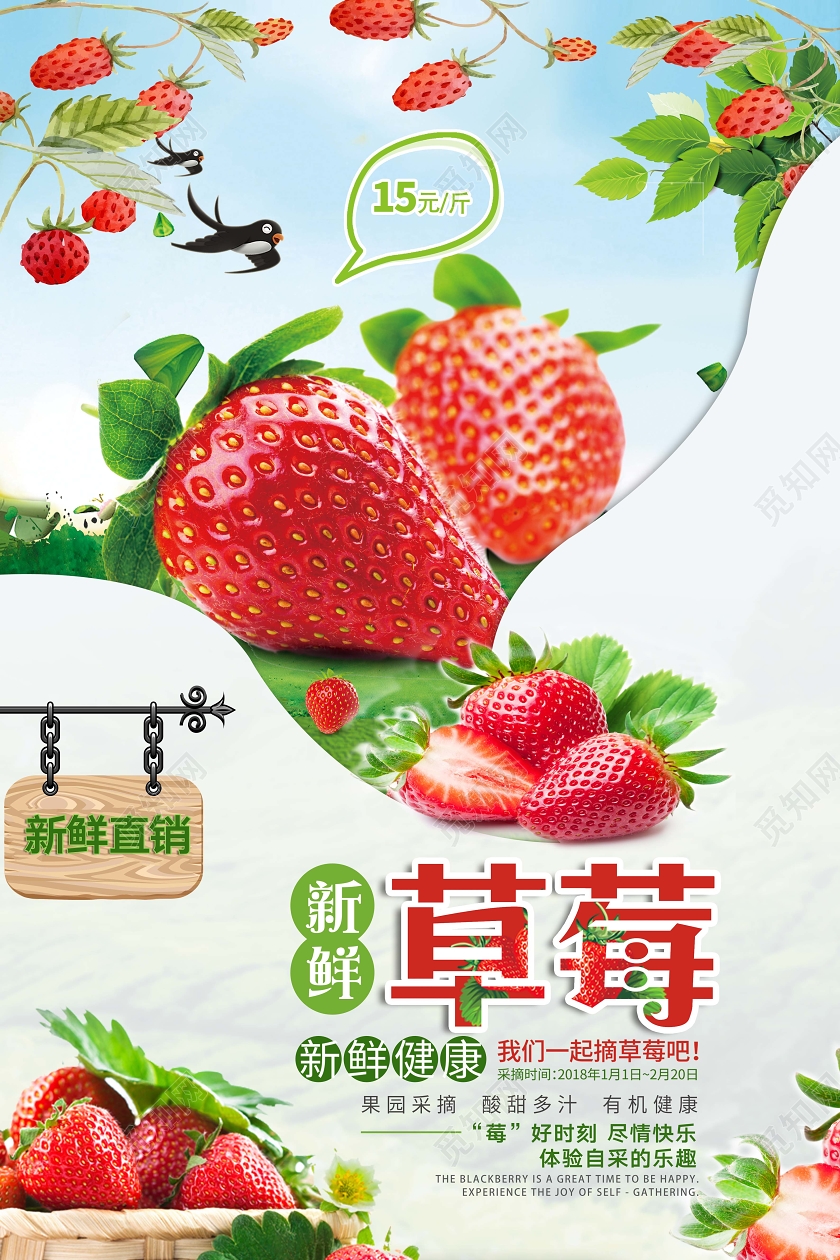 清新水果新品草莓采摘季绿色食品促销海报