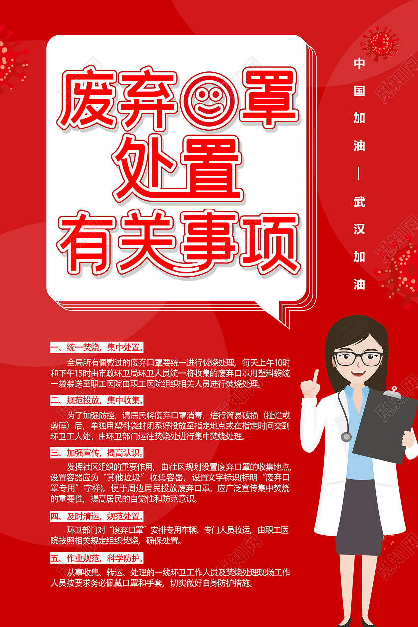 新型冠状病毒肺炎废弃口罩处置有关事项简约红色海报