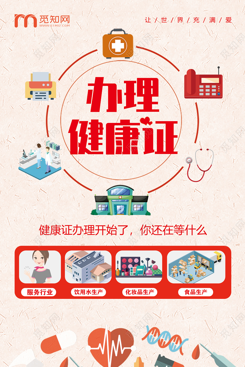 红色卡通办理健康证流程宣传海报