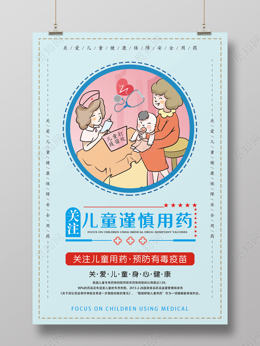 卡通浅蓝色儿童安全谨慎用药宣传海报