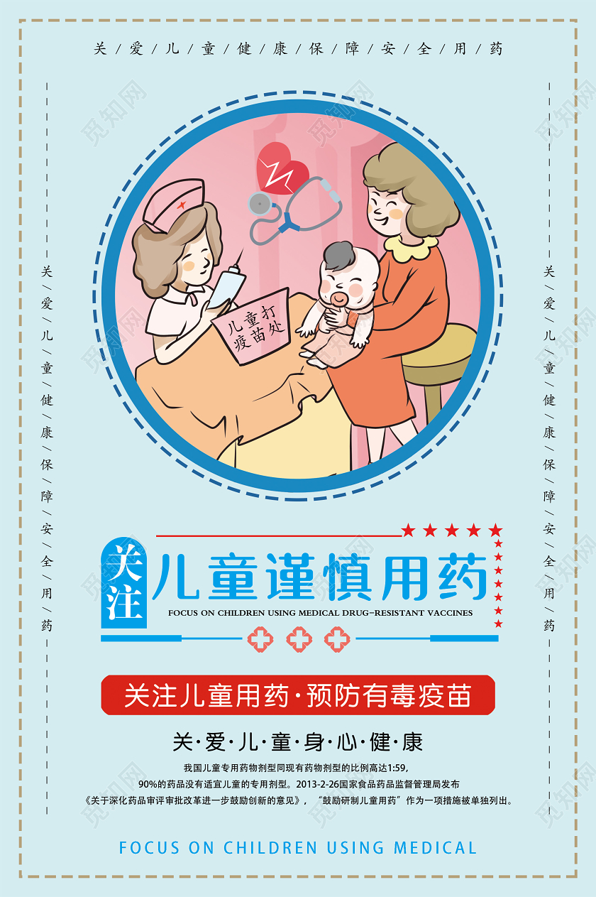 卡通浅蓝色儿童安全谨慎用药宣传海报