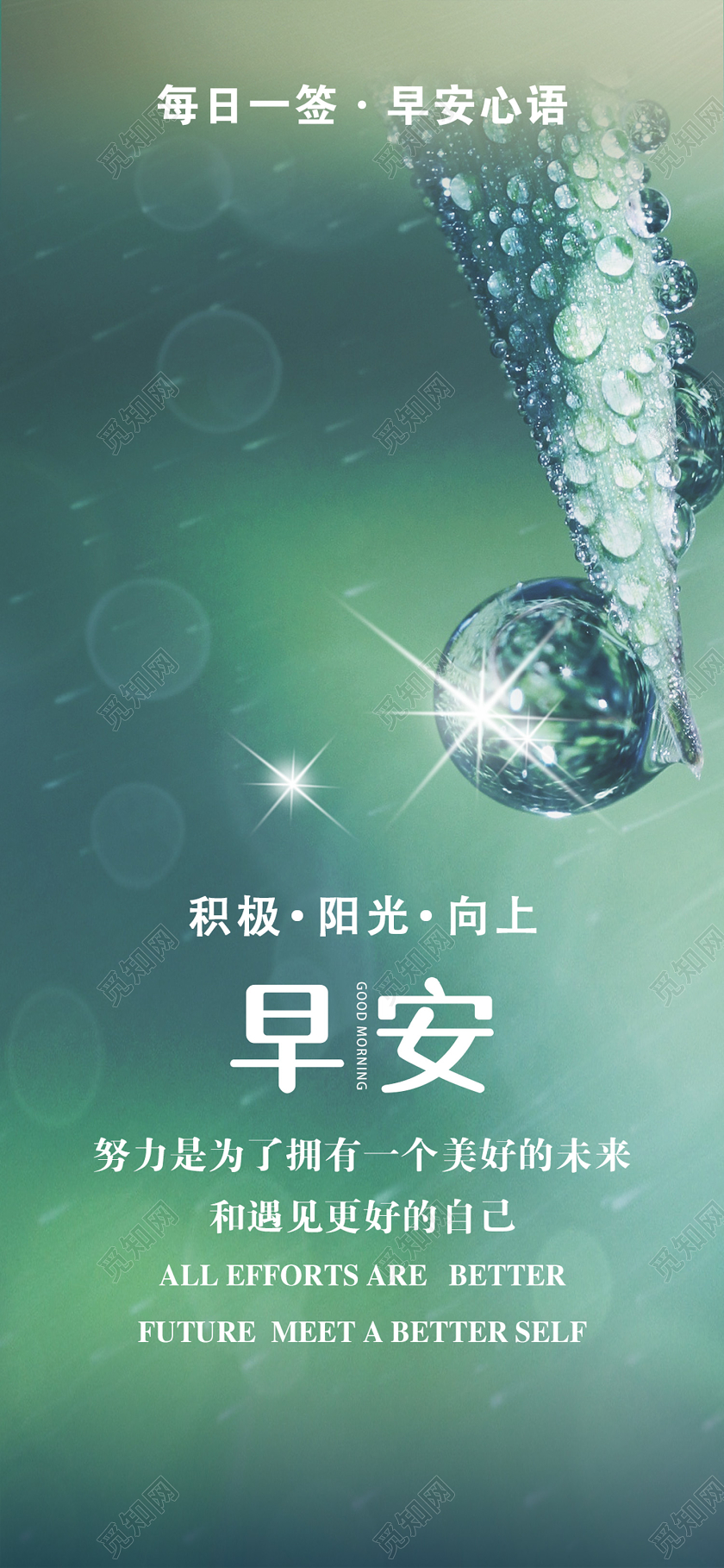 简单绿色早安心语清晨露珠宣传手机海报