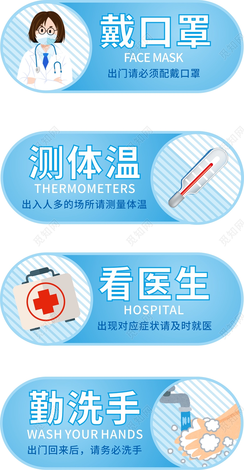 蓝色卡通简约戴口罩防疫情防控温馨提示牌防疫情防控温馨提示牌卡券
