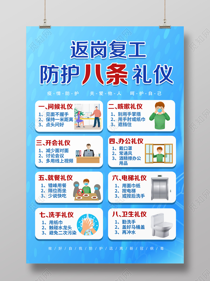 蓝色卡通返岗复工防护八条礼仪疫情企业复工海报