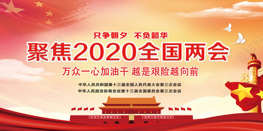 党课党建党政红色简约聚焦2020全国两会聚焦两会党建党课展板