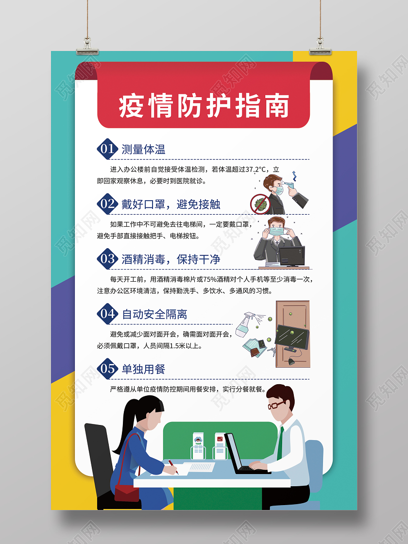 蓝色简约复工疫情防护指南办公室海报