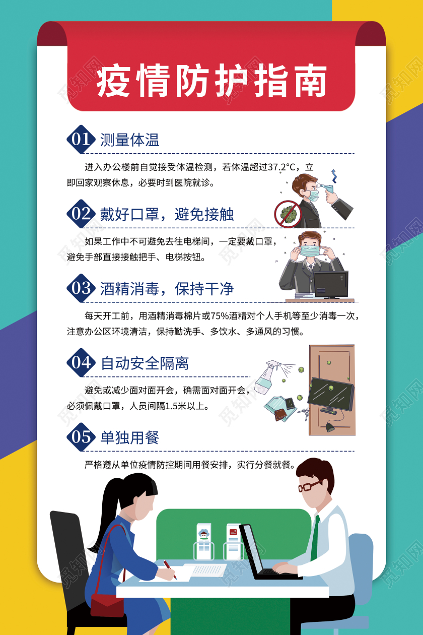 蓝色简约复工疫情防护指南办公室海报