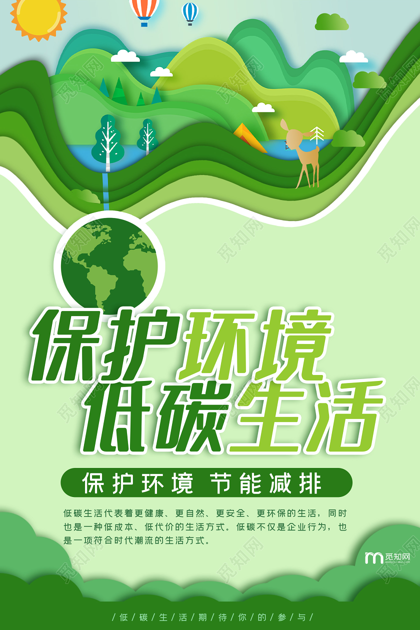 绿色剪纸风保护环境低碳生活海报低碳环保