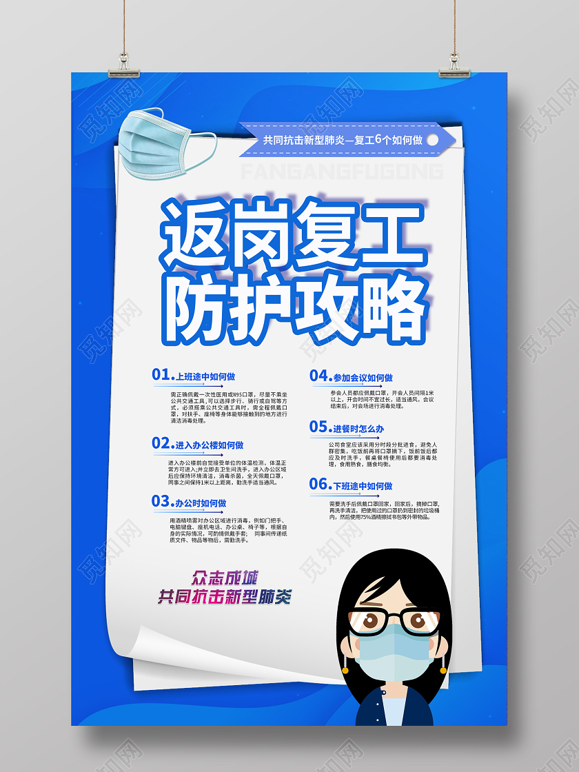 蓝色商务科技返岗复工防护攻略指南方案难点海报宣传