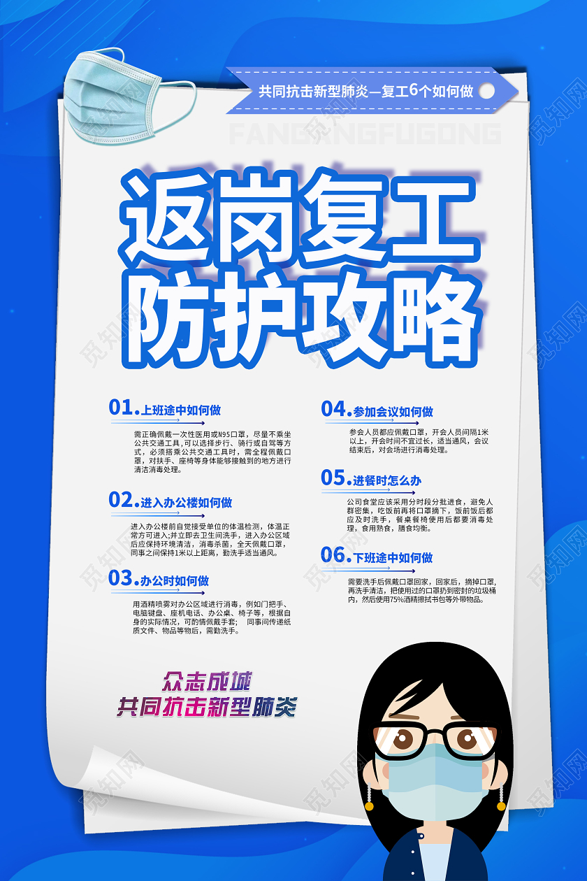 蓝色商务科技返岗复工防护攻略指南方案难点海报宣传