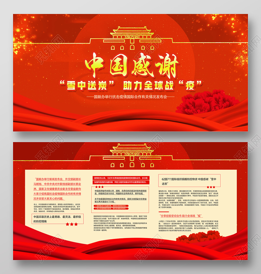 红色靓丽中国感谢雪中送炭助力全球战役展板全球战疫