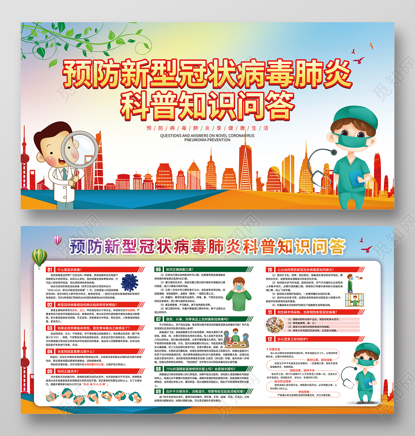 炫彩简约预防新型冠状病毒科普知识问答复工双面展板