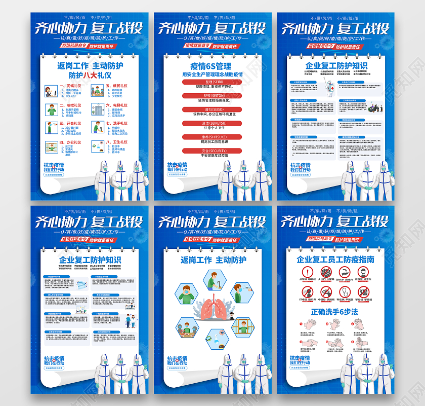 2020年蓝色创意返岗企业复工疫情防护防疫海报设计