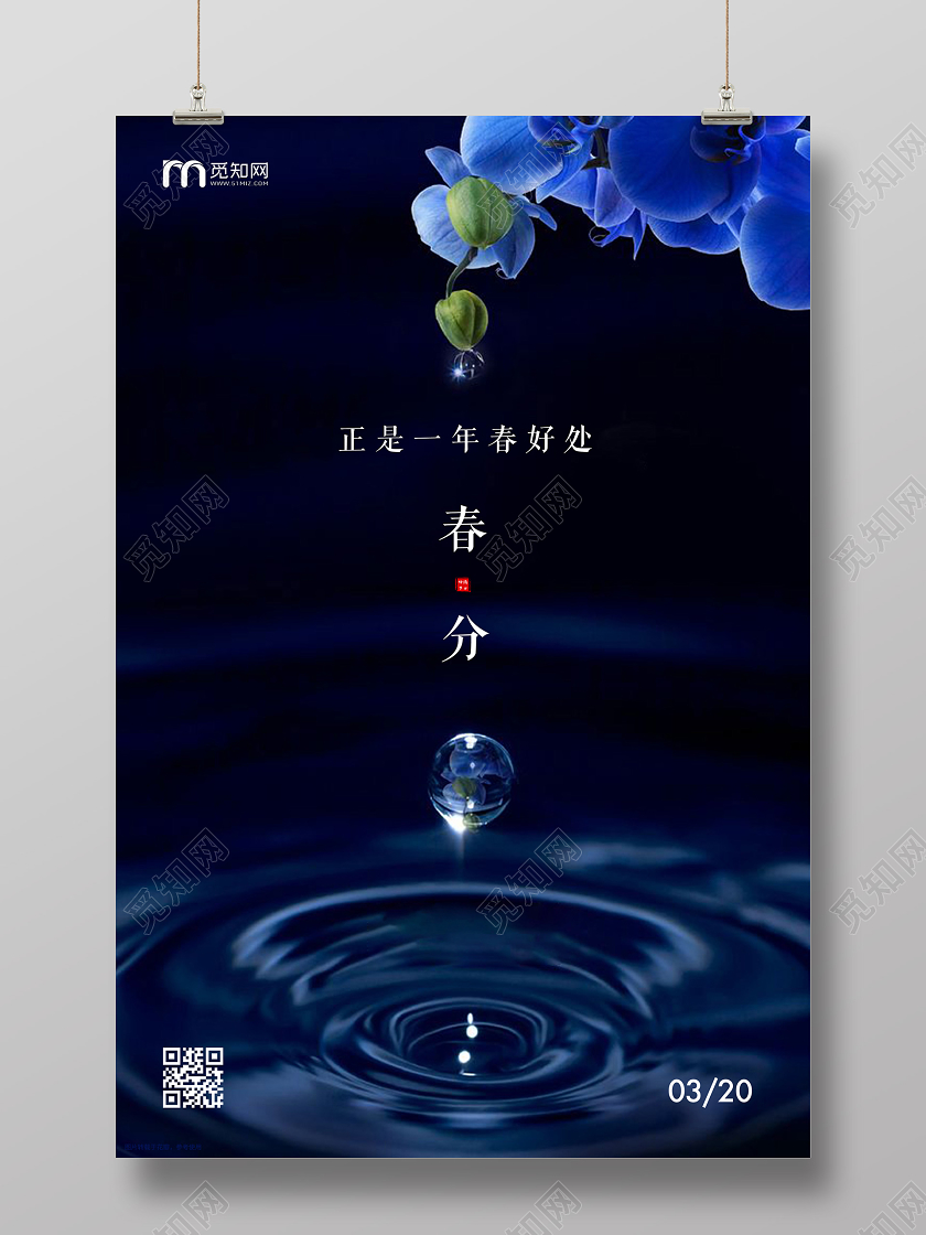 深蓝色水波花朵春分传统节气创意海报