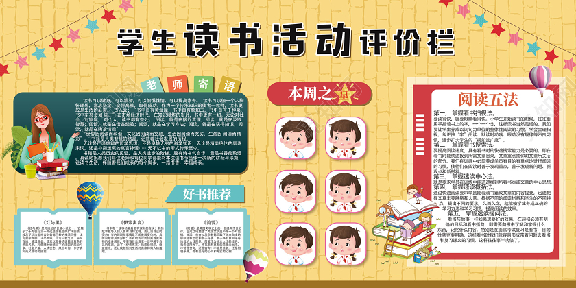 黄色卡通学生读书活动评价栏读书活动展板
