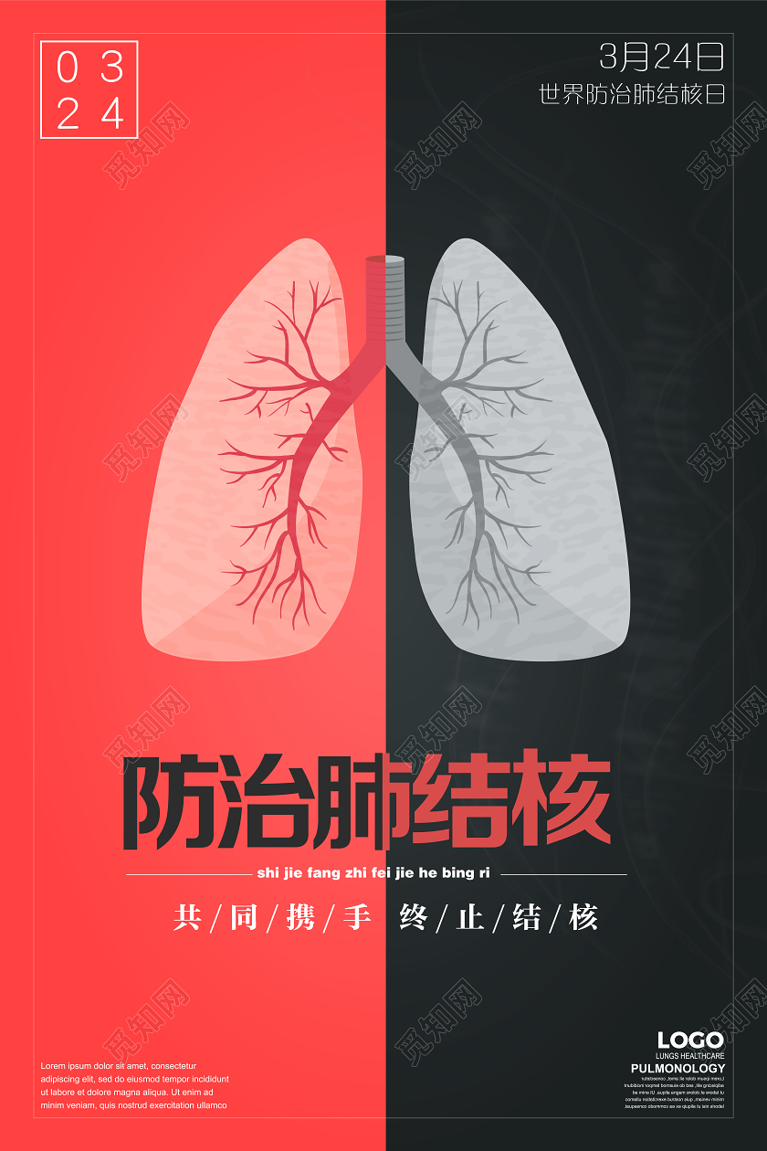 红黑色简约3月24世界防治肺结核日共同防疫宣传海报模板