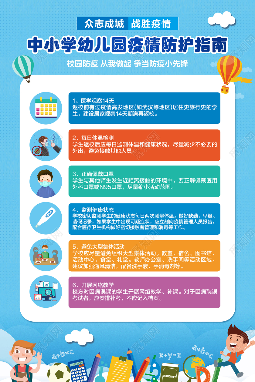 彩色简约中小学幼儿园疫情防护指南学校校园疫情防控海报