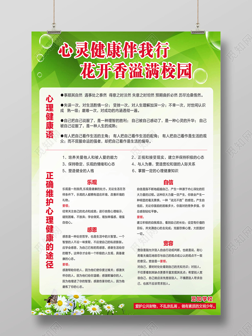 绿色简约中小学学校心理健康宣传海报小学生心理健康