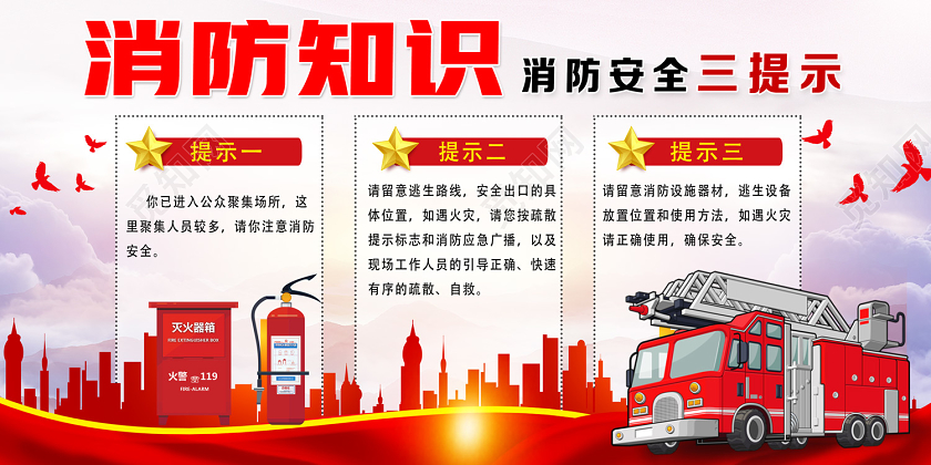 红色简约消防知识消防安全三提示展板