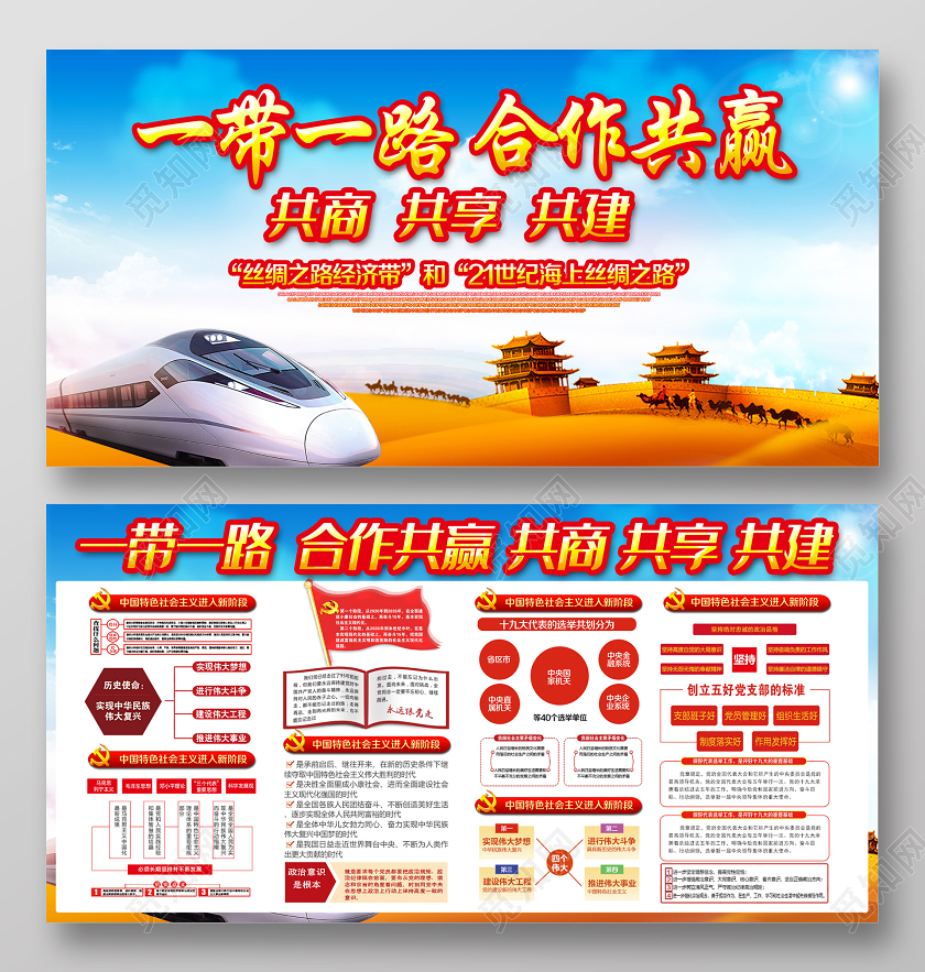 蓝色大气一带一路合作共赢共商共享共建展板