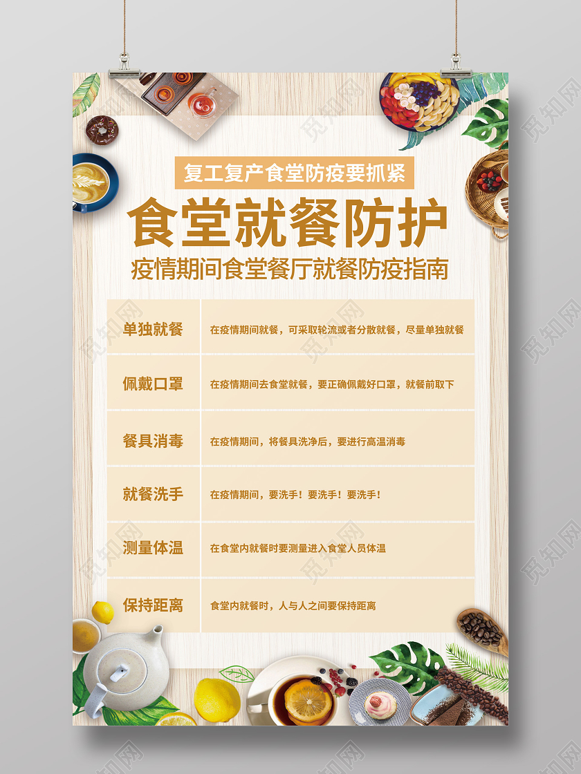 餐饮复工简约扁平复工复产食堂防疫就餐防护就餐预防海报