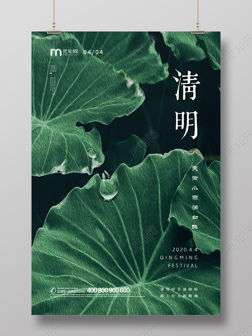 绿色简约荷叶摄影春天清明节宣传海报