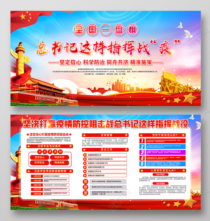 户外宣传栏红色坚决打赢疫情防控阻击战总书记这样指挥战役党政党建党课展板