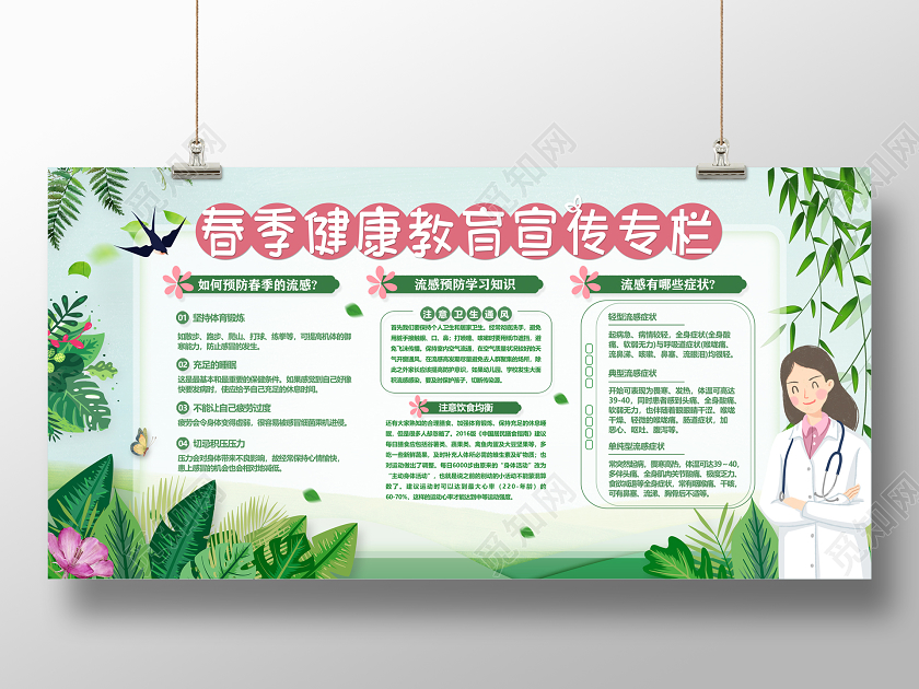 卫生健康教育宣传栏绿色春季健康教育宣传专栏预防春季流感健康宣传栏展板