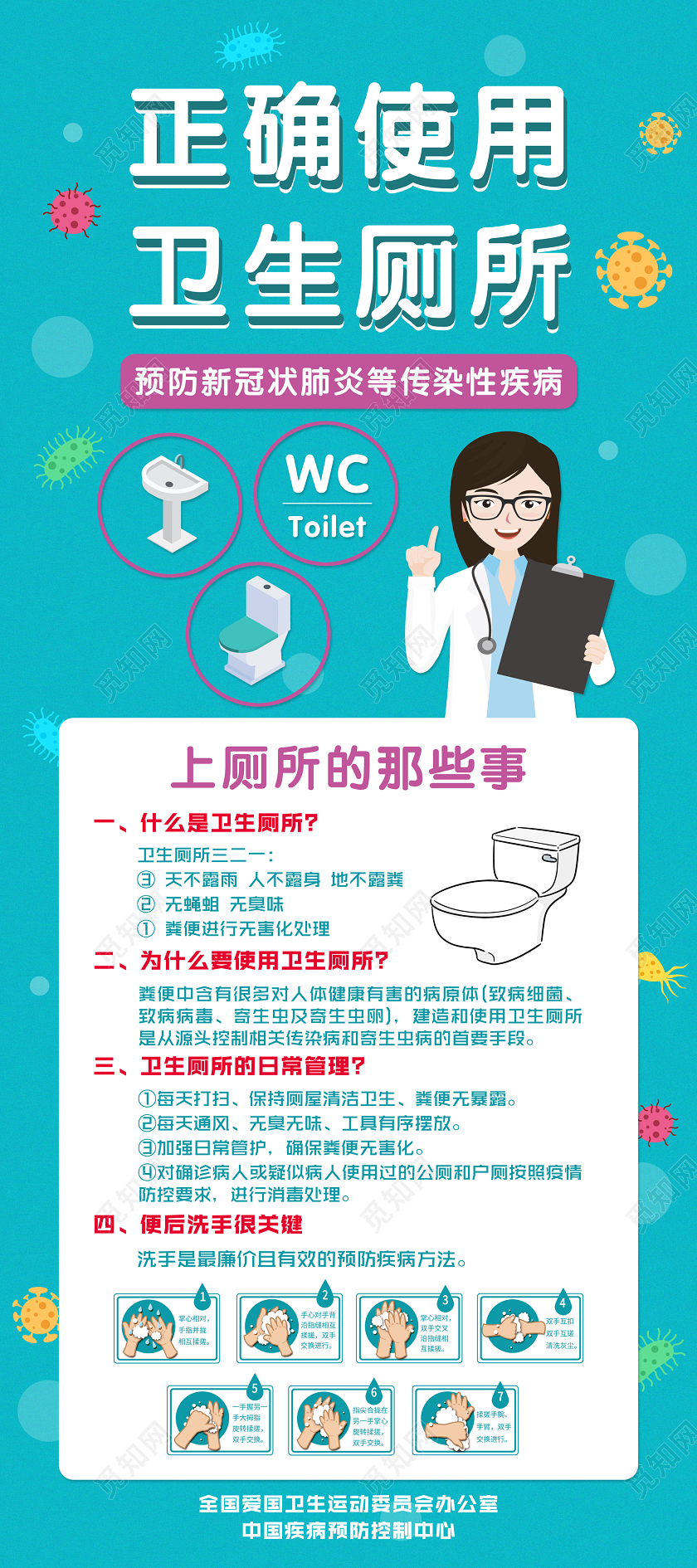 浅蓝色简约正确使用卫生厕所新型冠状病毒疫情展架易拉宝