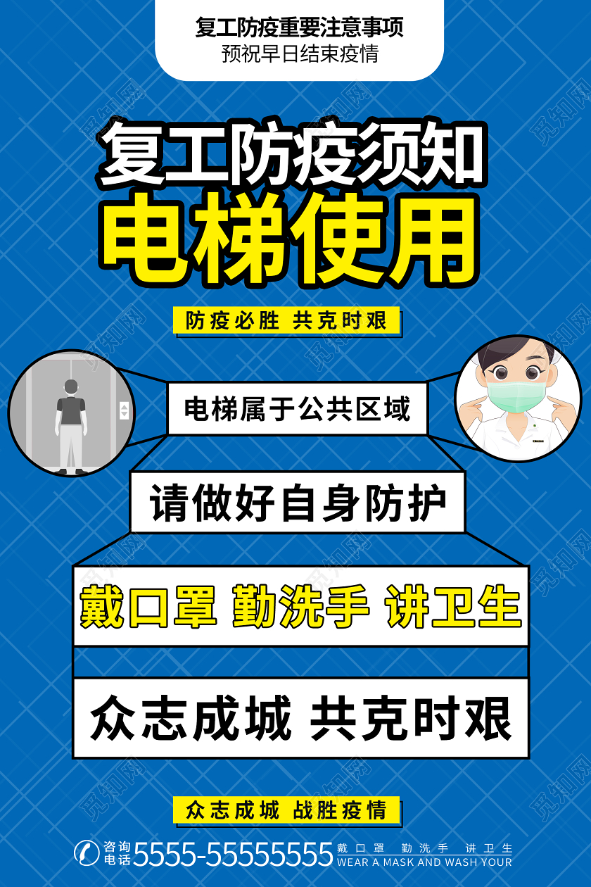 蓝色简约卡通防疫复工电梯使用须知电梯疫情宣传海报