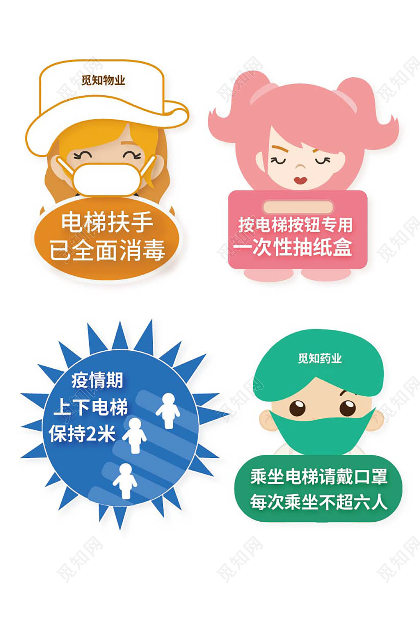 橙色粉色蓝色卡通疫情期间温馨提示导视VI电梯疫情