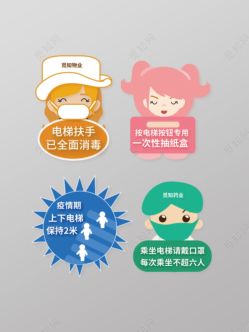 橙色粉色蓝色卡通疫情期间温馨提示导视VI电梯疫情