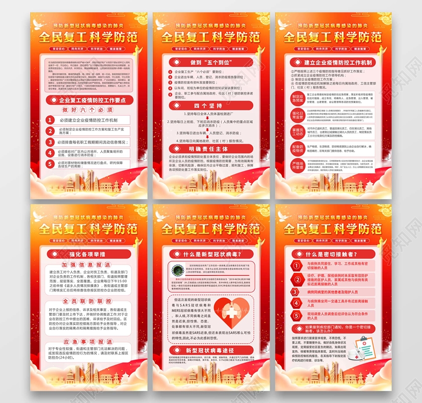 红色企业复工防疫工作预防新型肺炎六件套海报设计