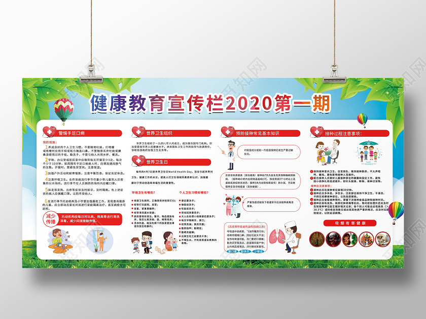 蓝绿色卡通健康教育宣传栏世界卫生日展板设计