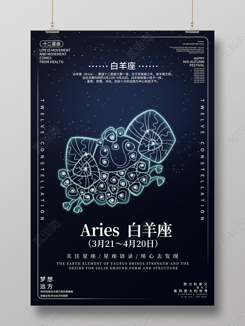 黑色梦幻卡通十二星座之白羊座宣传海报