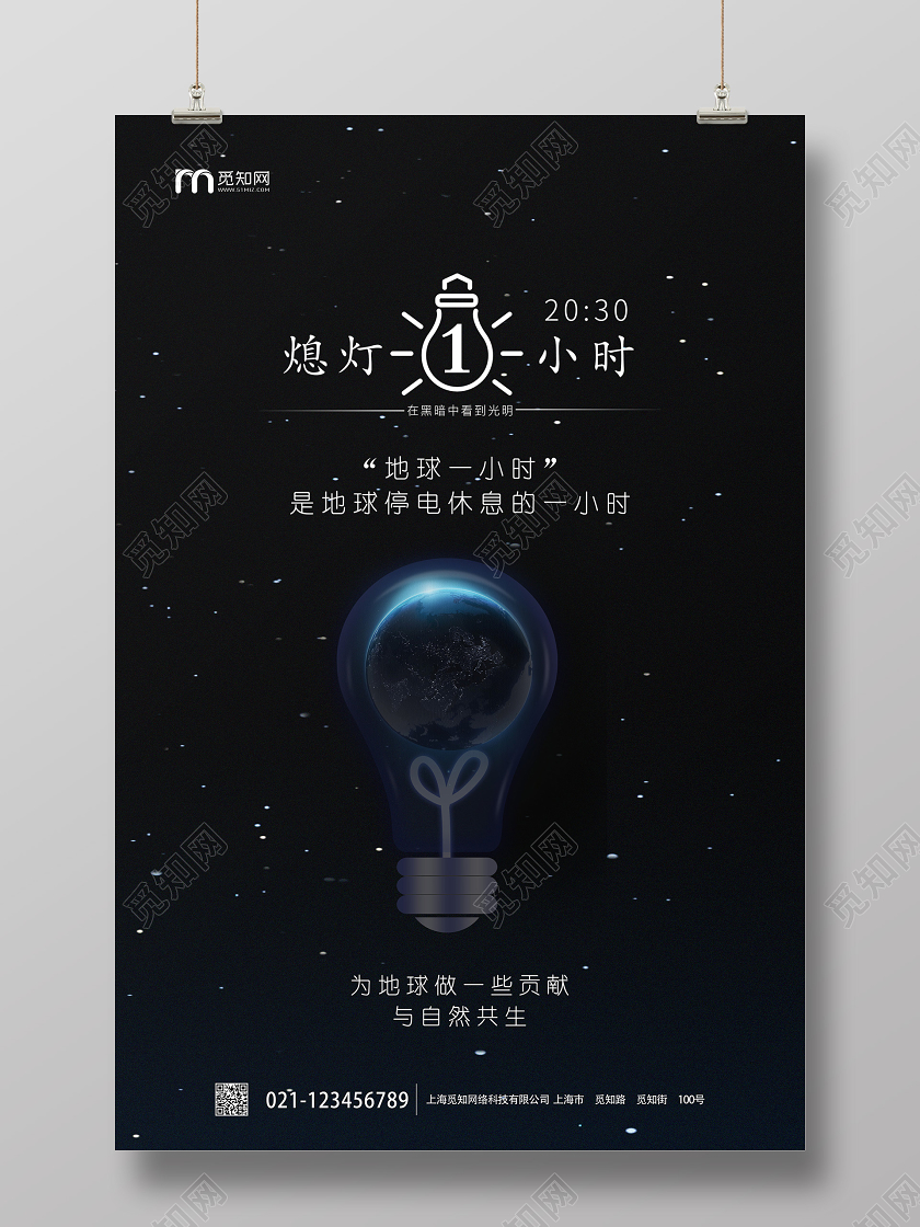 大气黑色地球一小时宣传海报