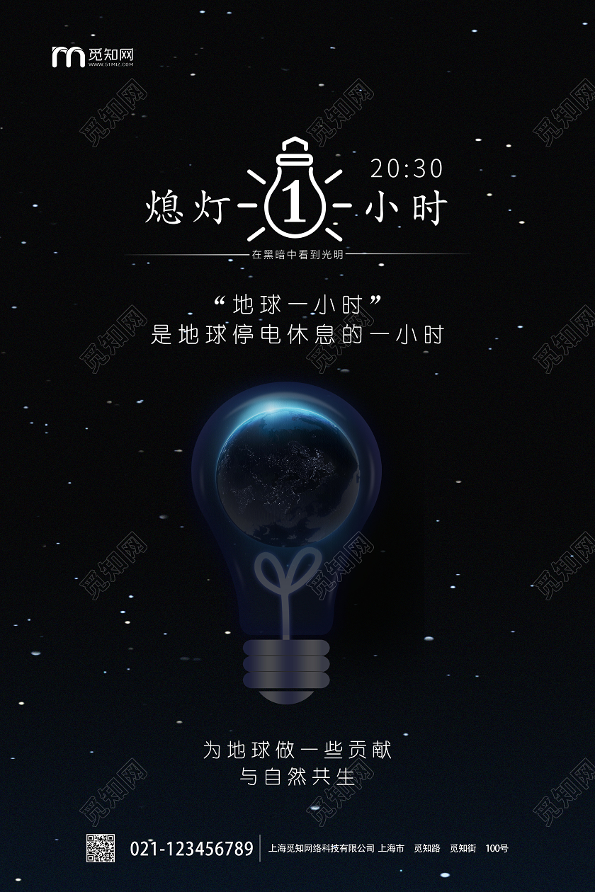 大气黑色地球一小时宣传海报