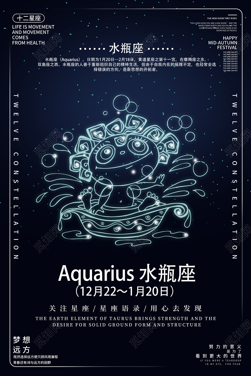 蓝色靓丽水瓶座十二星座海报
