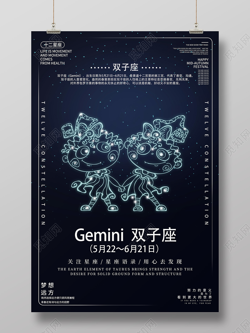 蓝色靓丽双子座十二星座海报