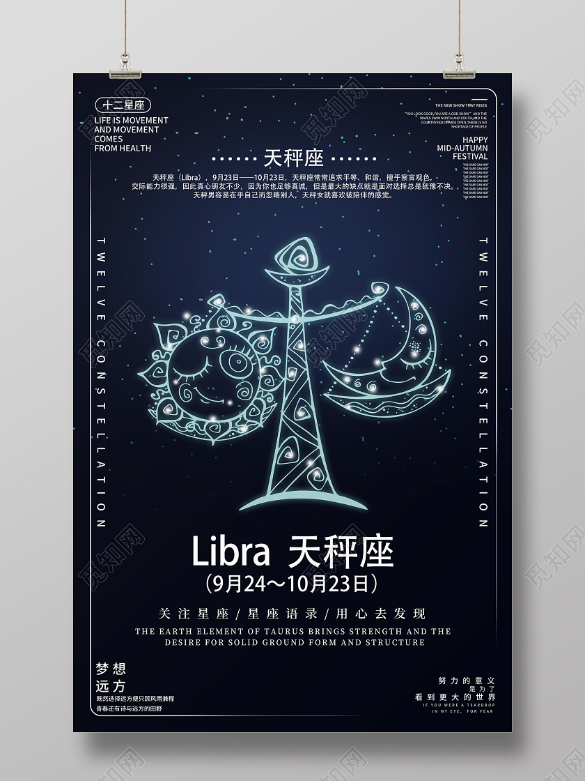 蓝色靓丽天秤座十二星座海报