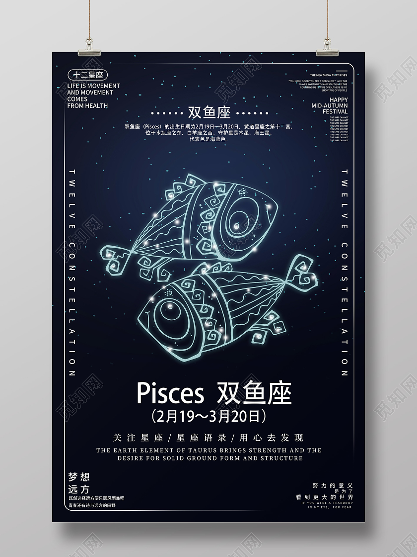 蓝色靓丽双鱼座十二星座海报