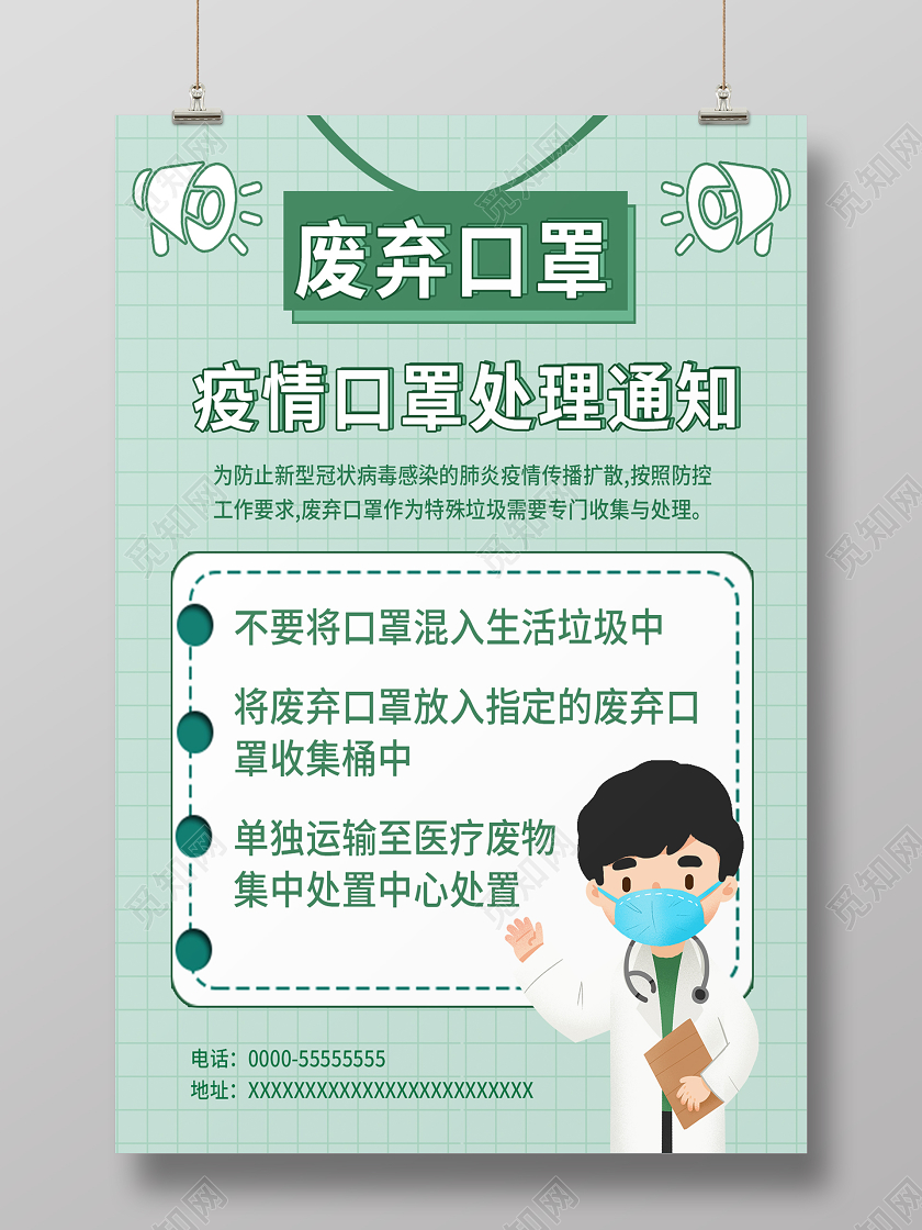 绿色简约卡通废弃口罩处理通知宣传海报