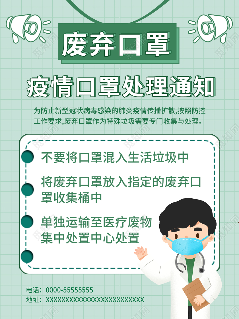 绿色简约卡通废弃口罩处理通知宣传海报