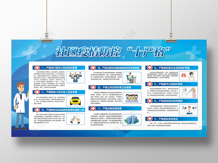 蓝色简约社区疫情防控十严格新型冠状病毒疫情展板