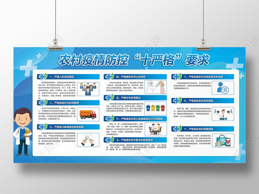 蓝色简约农村疫情防控十严格要求新型冠状病毒宣传展板