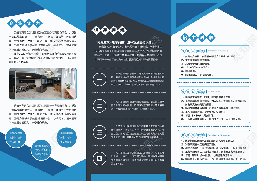 大气蓝色电竞招聘三折页宣传